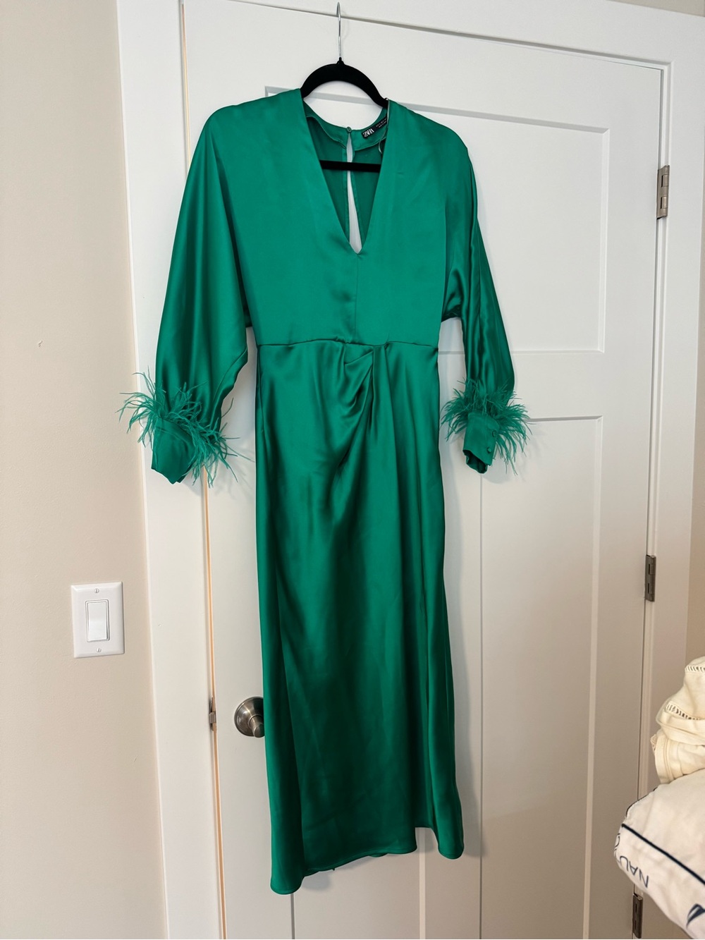 Zara Emerald Green Satin Midi Dress with Feather Cuffs